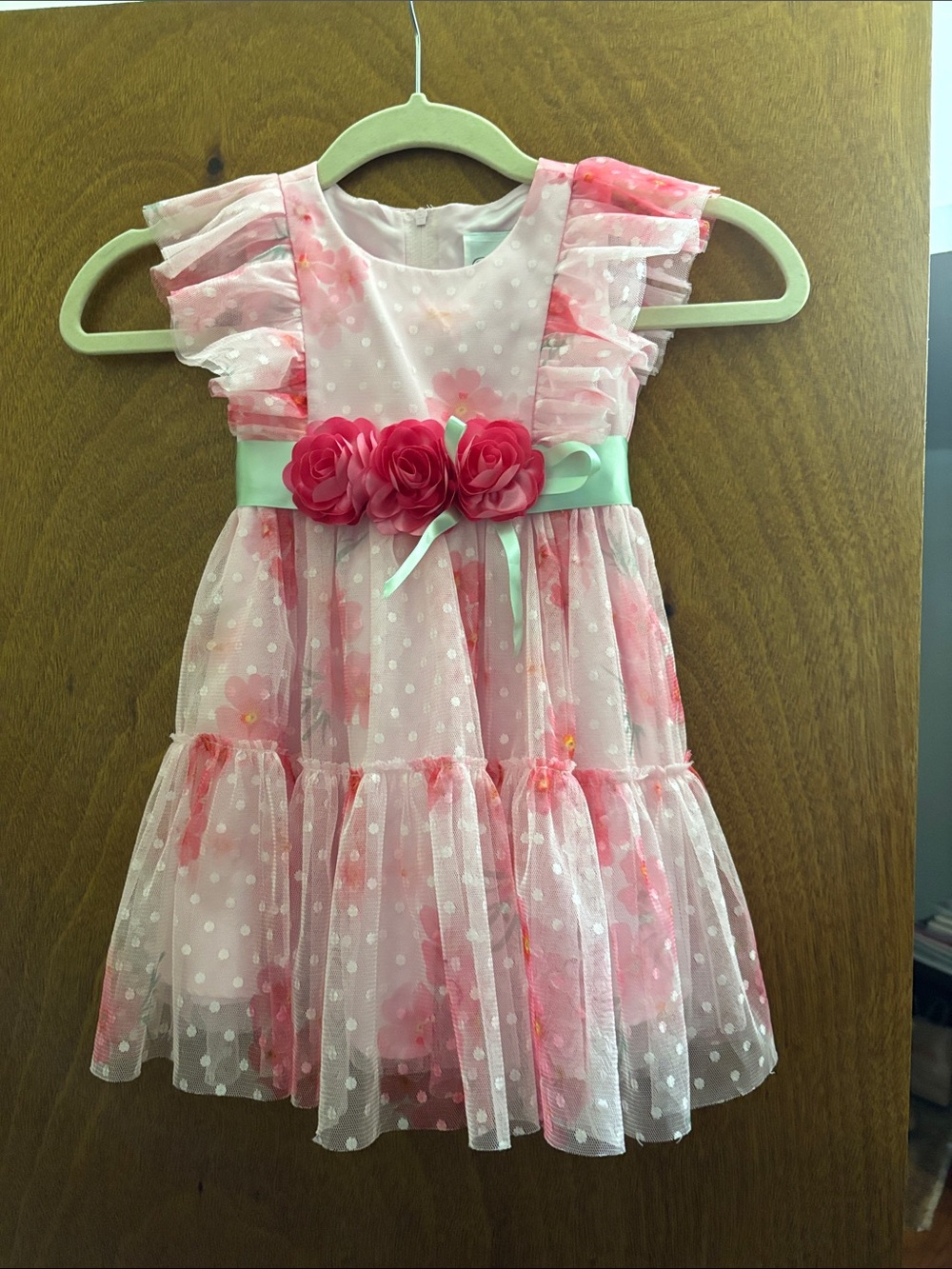 Pink Floral Tulle Dress with Green Sash for Girls